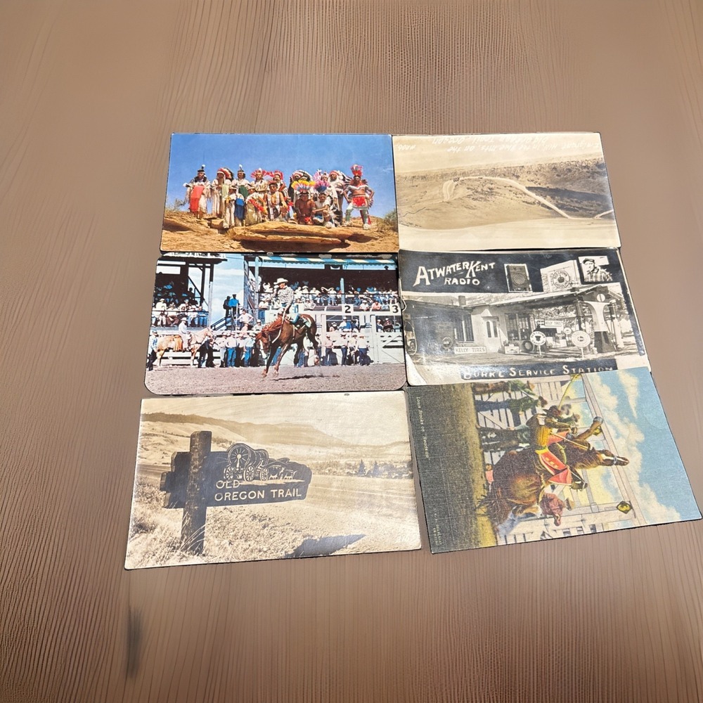 6 Vintage Atwater Kent Radio Western Postcards Rodeo Oregon Trail Gas Station